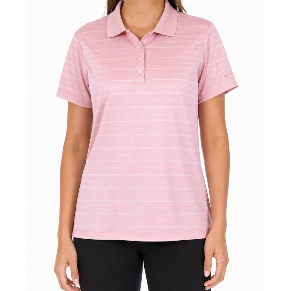 Nike Golf Dri Fit Polo Shirt Women Large Pink Striped Short Sleeve Lightweight